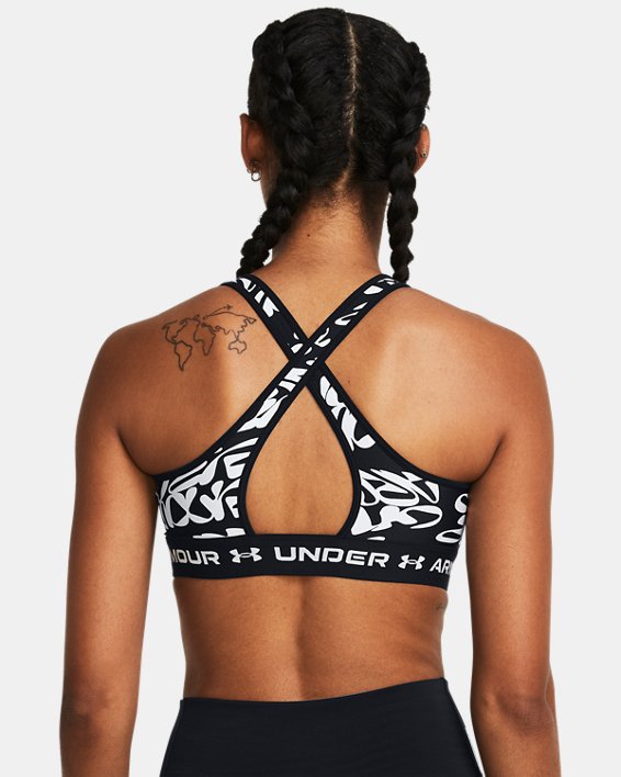 Women's Armour® Mid Crossback Printed Sports Bra in Black image number 1